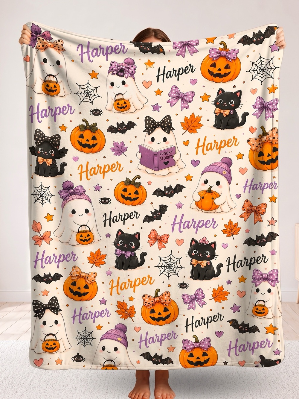 Cute Spooky Coquette Harper Ghost Pink Bow Soft Flannel Blanket